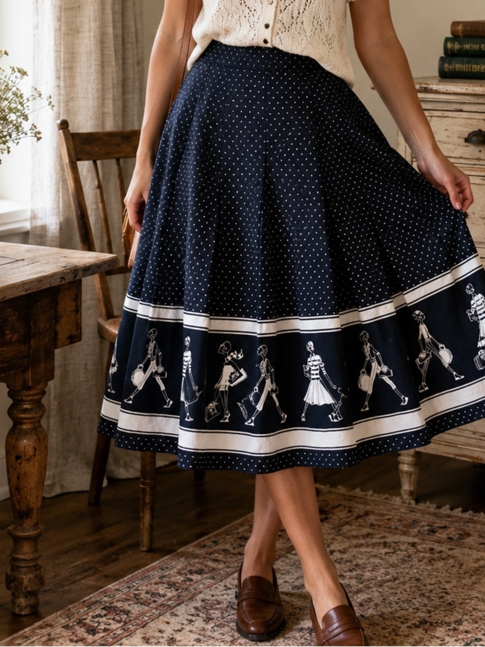 Liz Claiborne Vintage Polka Dot Skirt Size 14 Navy White Novelty Print Midi